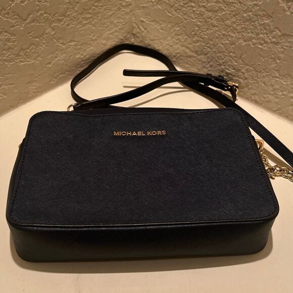 Michael Kors Jet Set Crossbody Bag Blue Saffiano Leather Classic Chain Accent - Picture 9 of 12